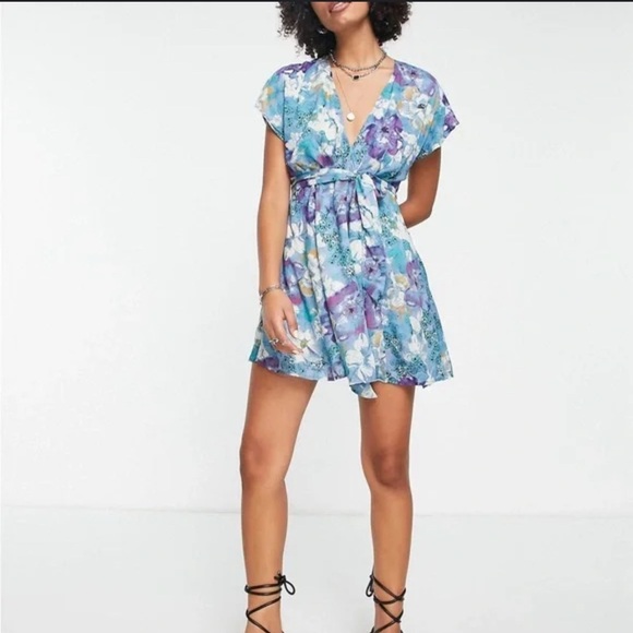 Free People Mini Dress Women’s Medium Blue Floral Bohemian Feminine Modal Spring - Picture 1 of 12